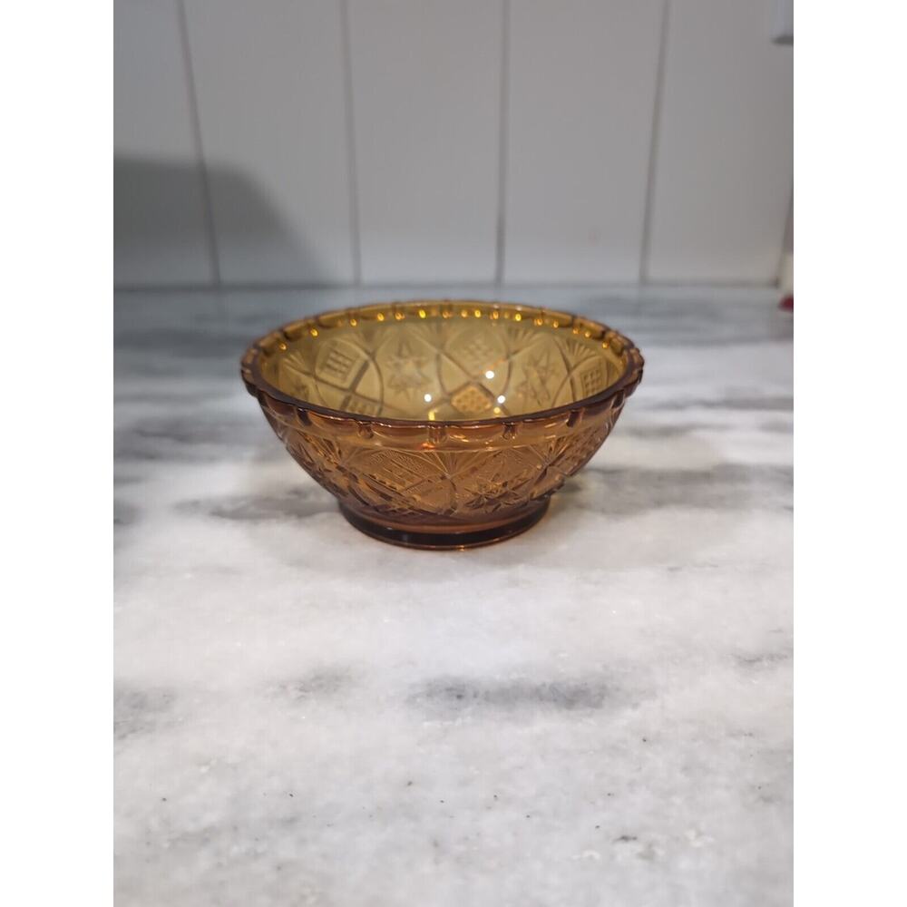 KIG Amber‎ Glass Bowl, Fan Stars Crosshatch Pattern, Vintage Indonesian Decor